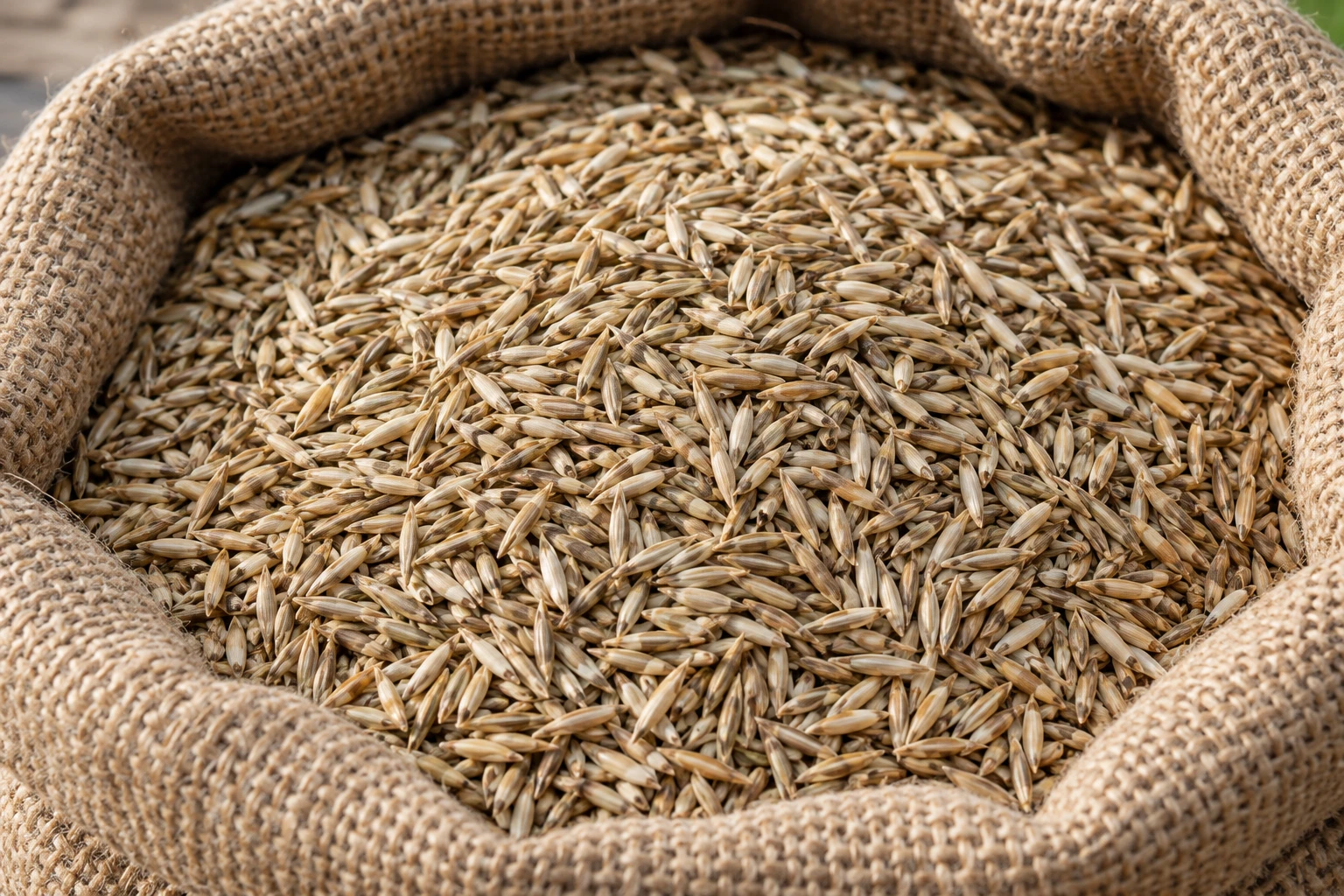 Grass seed spilling from a burlap sack